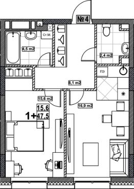 1-комн.кв., 48 м², этаж 1