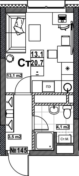 студия, 21 м², этаж 2