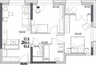 2-комн.кв., 63 м², этаж 13