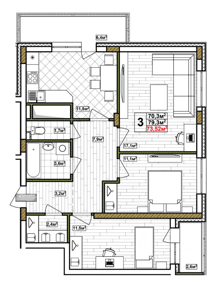 Продается3-комн.квартира,73,52м²