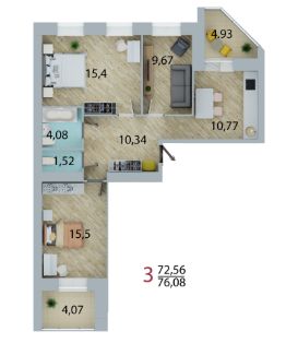 3-комн.кв., 73 м², этаж 4