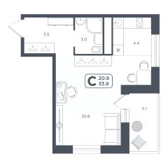 студия, 34 м², этаж 21