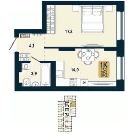 1-комн.кв., 39 м², этаж 17