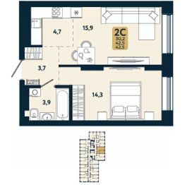 2-комн.кв., 43 м², этаж 13