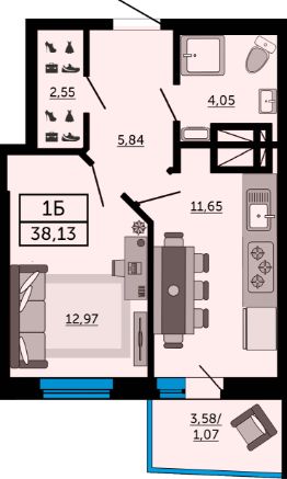 1-комн.кв., 38 м², этаж 16