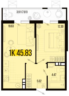 1-комн.кв., 46 м², этаж 2