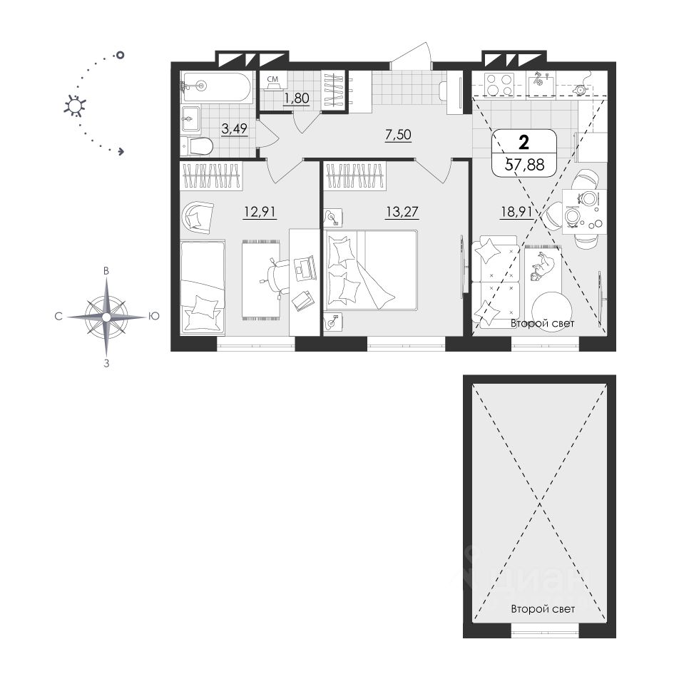 Продается2-комн.квартира,57,88м²