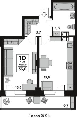 1-комн.кв., 36 м², этаж 3