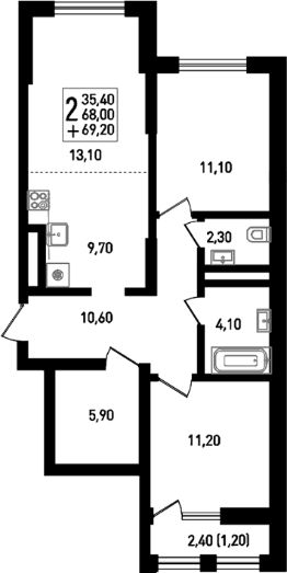 3-комн.кв., 68 м², этаж 4