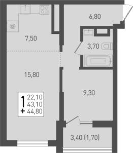 2-комн.кв., 43 м², этаж 6