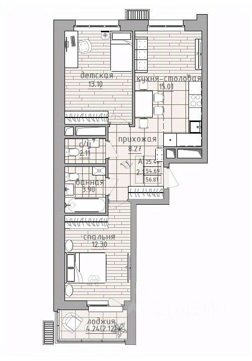 Продается2-комн.квартира,57,3м²