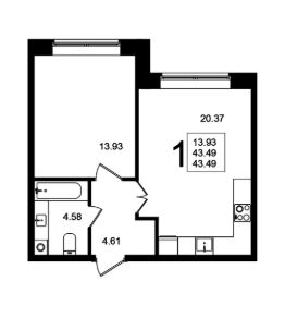 1-комн.кв., 43 м², этаж 1