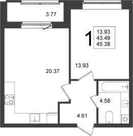 1-комн.кв., 45 м², этаж 1
