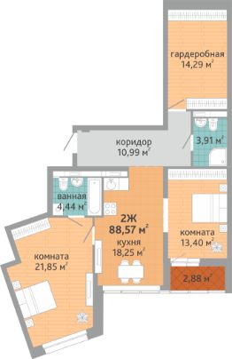 2-комн.кв., 89 м², этаж 10