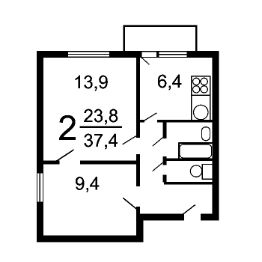 2-комн.кв., 38 м², этаж 6