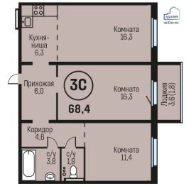 3-комн.кв., 68 м², этаж 15