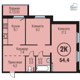 2-комн.кв., 54 м², этаж 19