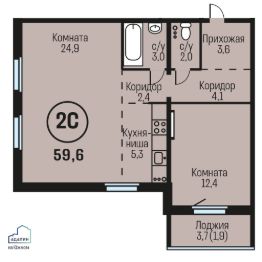 2-комн.кв., 60 м², этаж 1