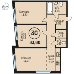 3-комн.кв., 64 м², этаж 11