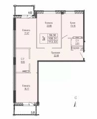 3-комн.кв., 113 м², этаж 3