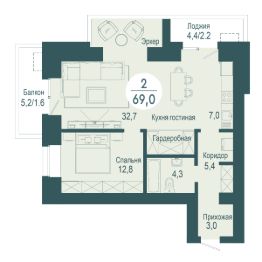 2-комн.кв., 69 м², этаж 15