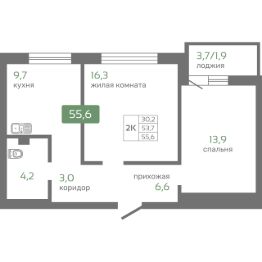 2-комн.кв., 56 м², этаж 2