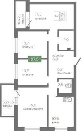 4-комн.кв., 88 м², этаж 2