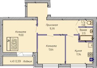 2-комн.кв., 70 м², этаж 2