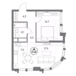 1-комн.кв., 52 м², этаж 7