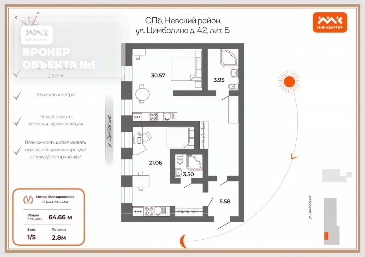 Продажа апартаментов-студии 24м² ул. Цимбалина, 42, Санкт-Петербург, м.  Ломоносовская - база ЦИАН, объявление 297177373