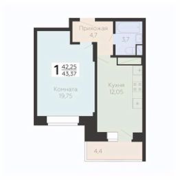 1-комн.кв., 43 м², этаж 2