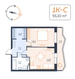 1-комн.кв., 54 м², этаж 3