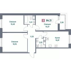 3-комн.кв., 84 м², этаж 3