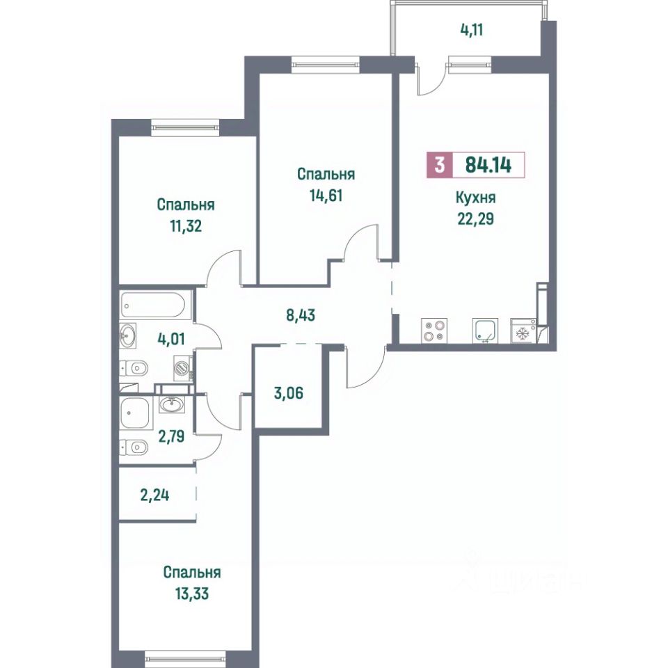 Продаю трехкомнатную квартиру 84,1м² Мурино, Ленинградская область,  Всеволожский район, Фотограф жилой комплекс, м. Девяткино - база ЦИАН,  объявление 297241679