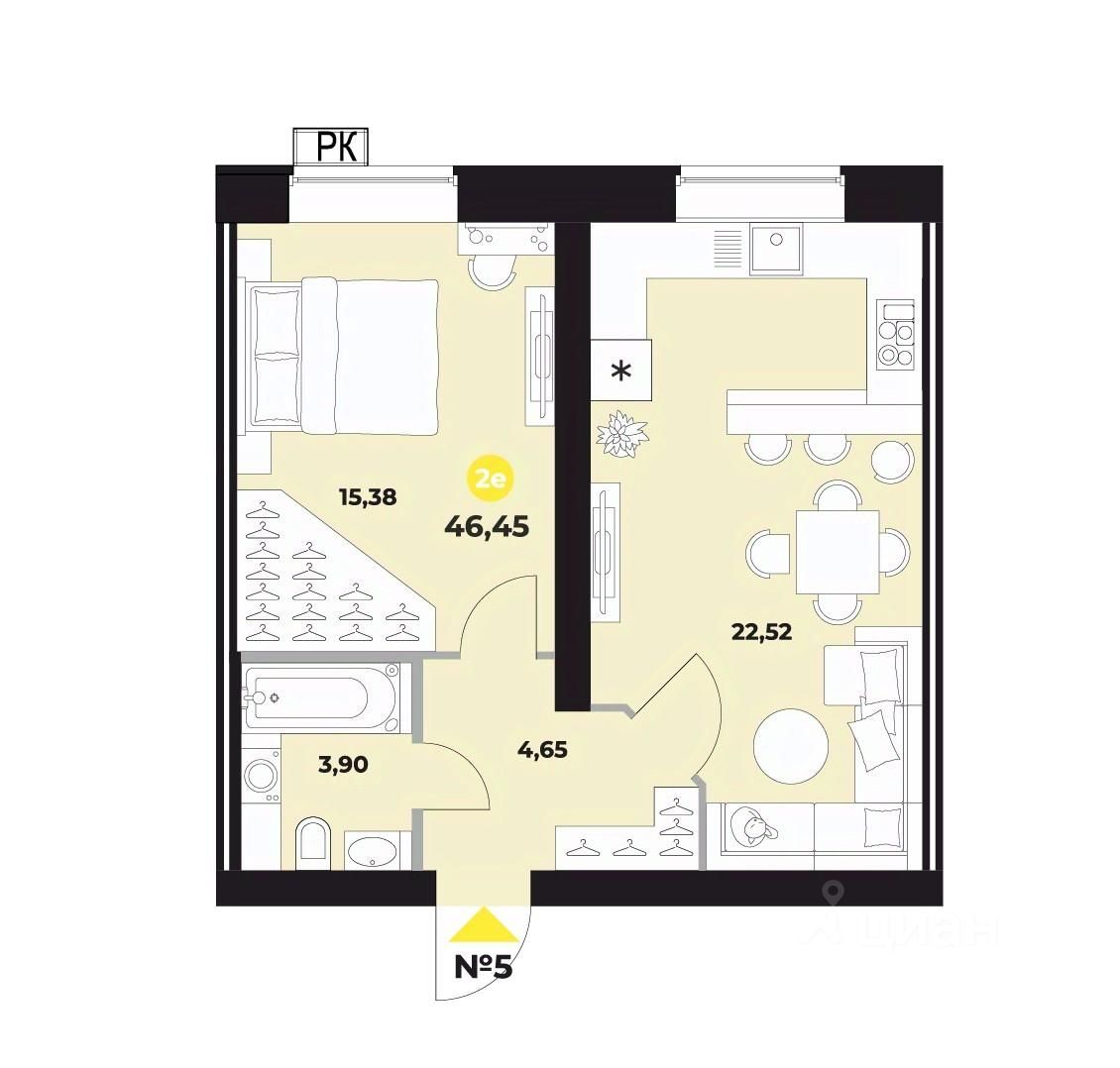 Купить однокомнатную квартиру 46,5м² ул. Гастелло, 4, Самара, Самарская  область, м. Спортивная - база ЦИАН, объявление 297289338