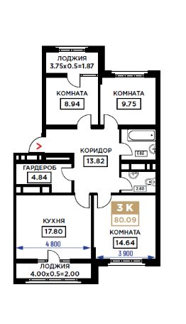 3-комн.кв., 80 м², этаж 21