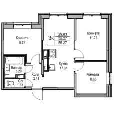 3-комн.кв., 55 м², этаж 4