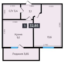 1-комн.кв., 33 м², этаж 2