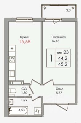 1-комн.кв., 44 м², этаж 3