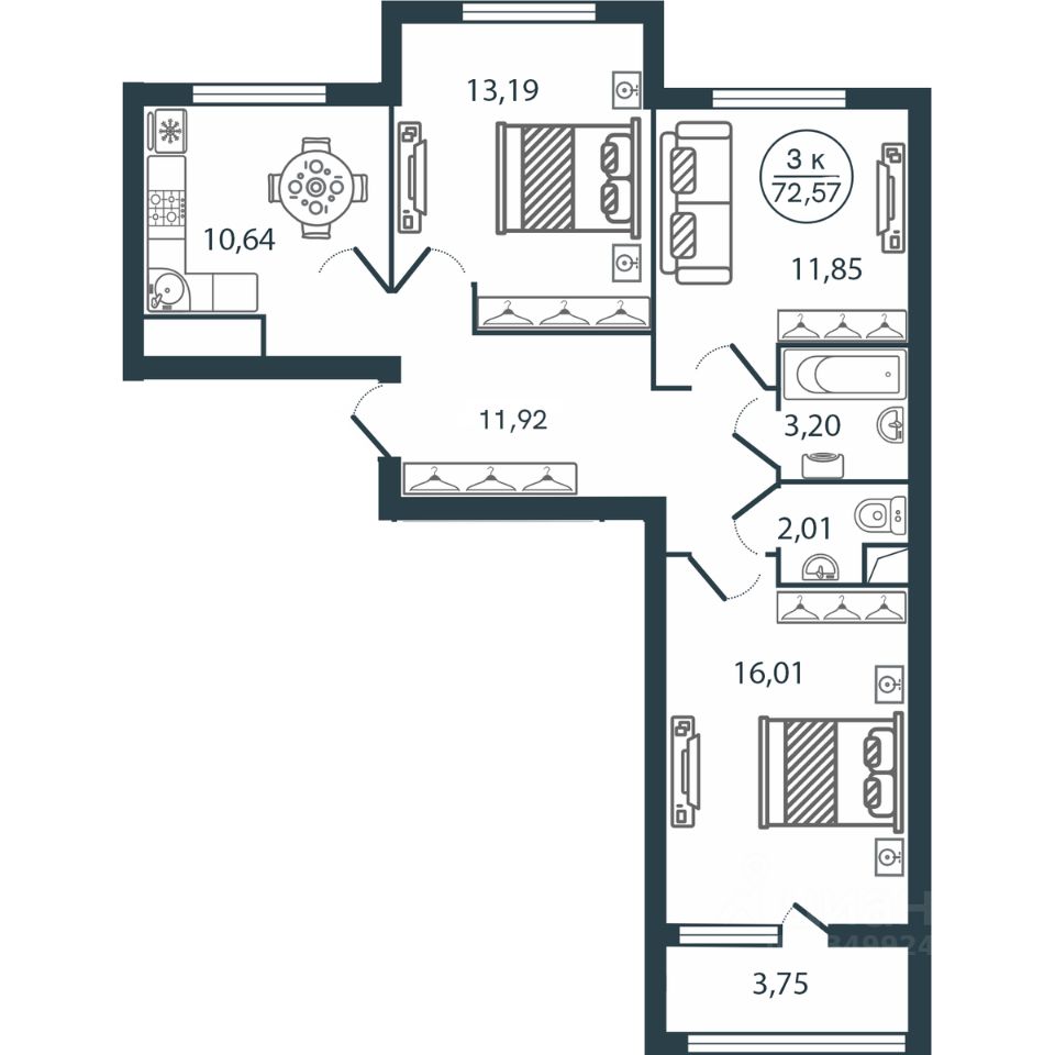 Купить трехкомнатную квартиру 72,6м² Тверь, Тверская область, Южный  микрорайон - база ЦИАН, объявление 297404634