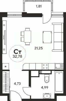 студия, 33 м², этаж 13