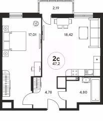 2-комн.кв., 47 м², этаж 13