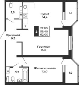 2-комн.кв., 58 м², этаж 20