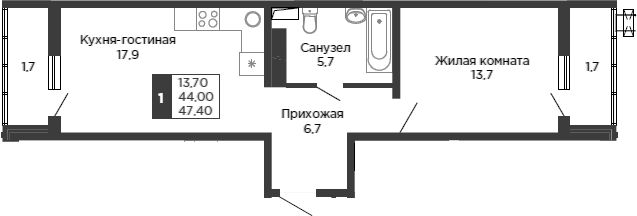 2-комн.кв., 44 м², этаж 21