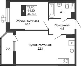 2-комн.кв., 44 м², этаж 21