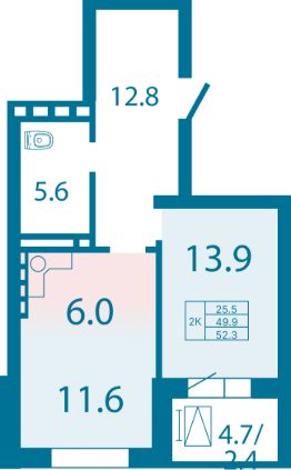 2-комн.кв., 52 м², этаж 8