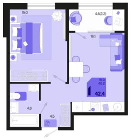 1-комн.кв., 42 м², этаж 2