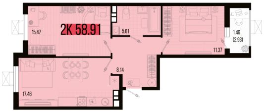 2-комн.кв., 59 м², этаж 8