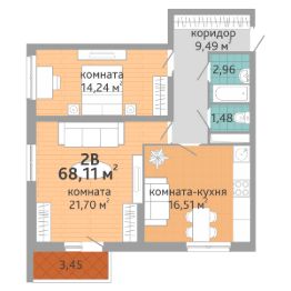 2-комн.кв., 68 м², этаж 1