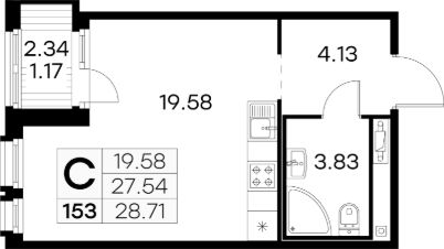 студия, 29 м², этаж 2